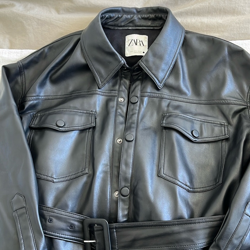 Zara faux leather button up shirt with belt